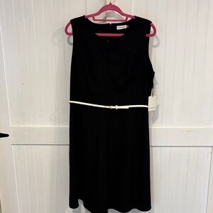 Calvin Klein Black Midi Dress with White Belt, keyhole front closure size 14
